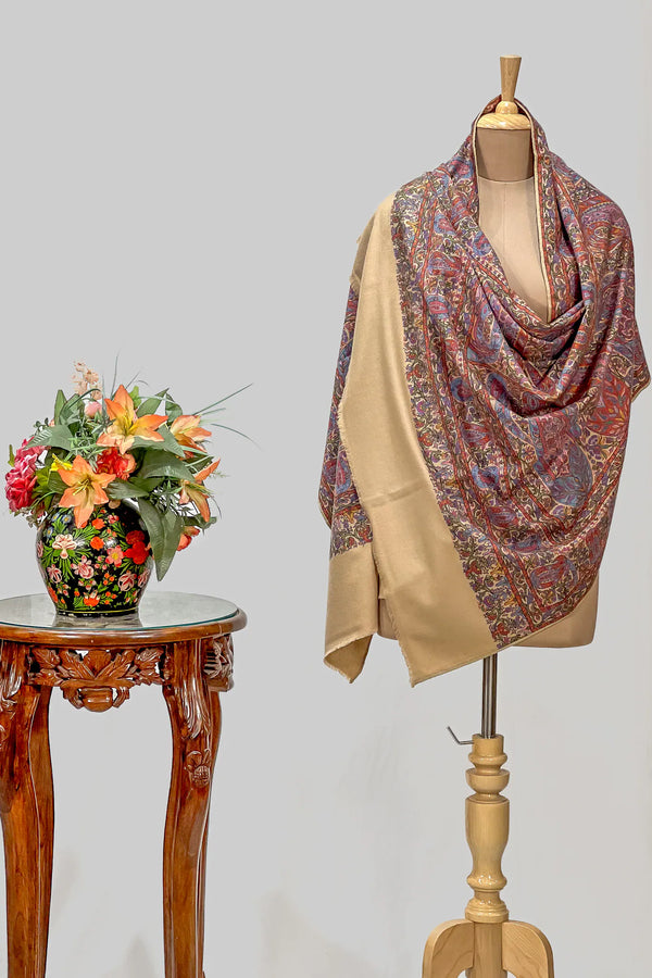 Beige pure pashmina shawl with kalamkari hand painting and multi-colour thread outline embroidery, full length view