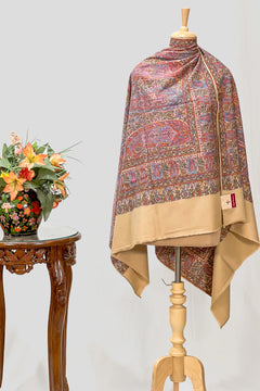 Tight-woven beige pashmina shawl with vibrant kalamkari hand paint and thread outline detail, styled flat