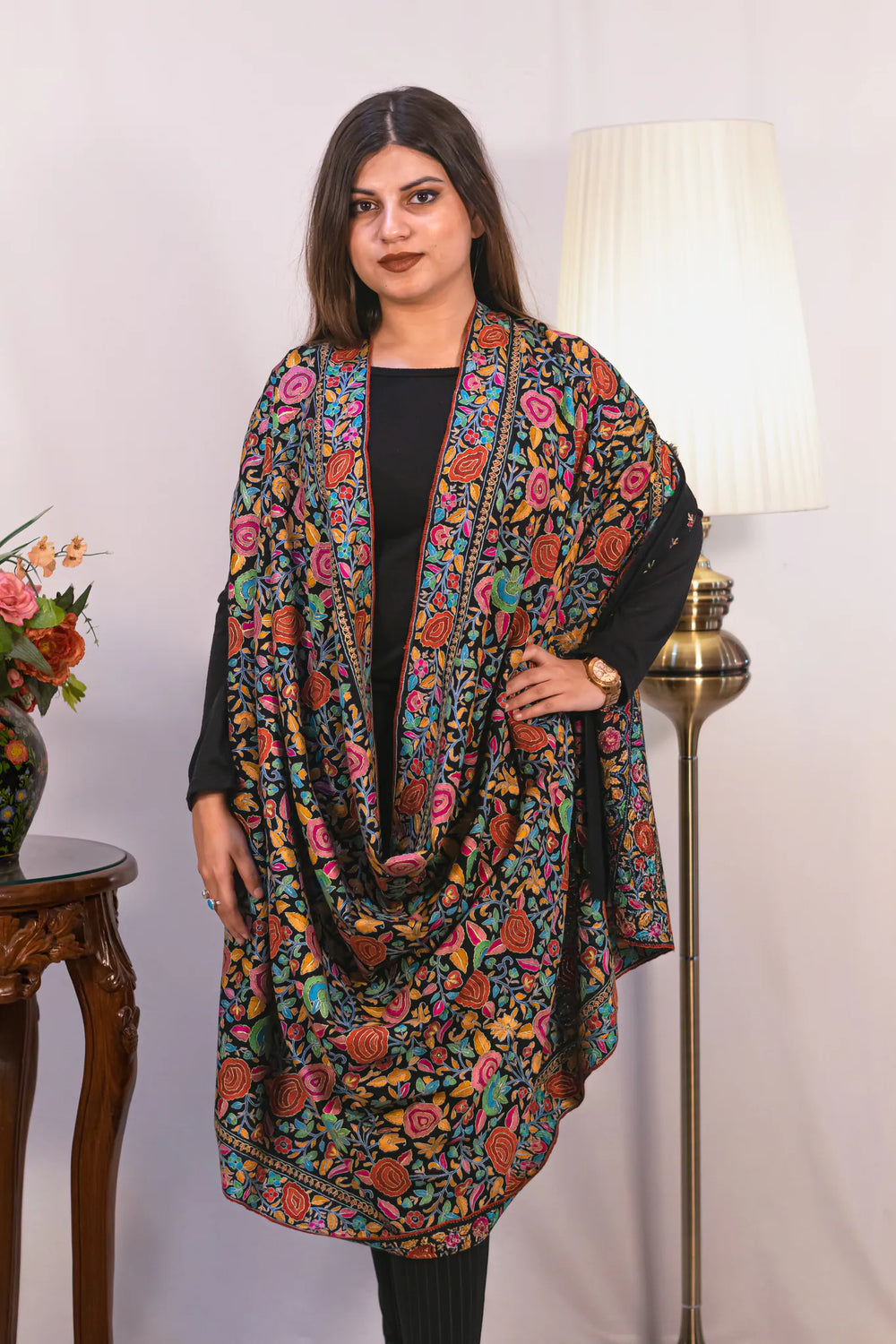 #Black | Border detail of Pashmina shawl with dense papier mache hand embroidery in multiple colours