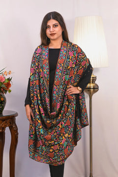 #Black | Border detail of Pashmina shawl with dense papier mache hand embroidery in multiple colours