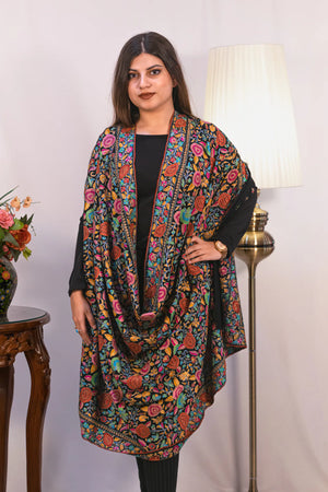 #Black | Border detail of Pashmina shawl with dense papier mache hand embroidery in multiple colours