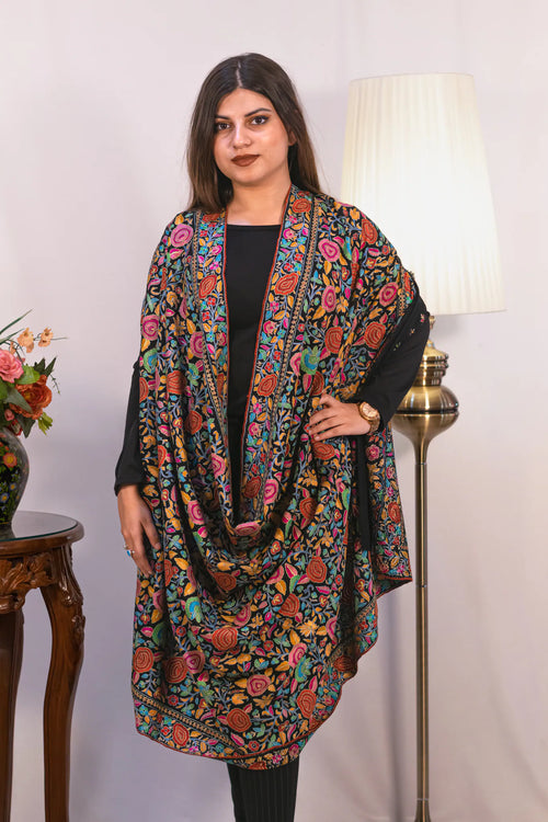 #Black | Border detail of Pashmina shawl with dense papier mache hand embroidery in multiple colours