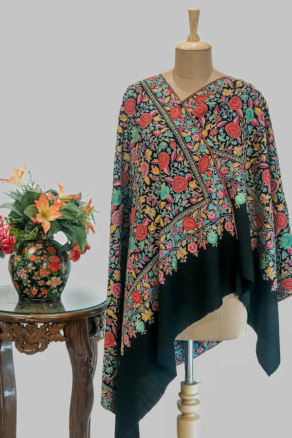 #Black | Close-up of hand-embroidered papier mache motifs across the surface of a black Pashmina shawl