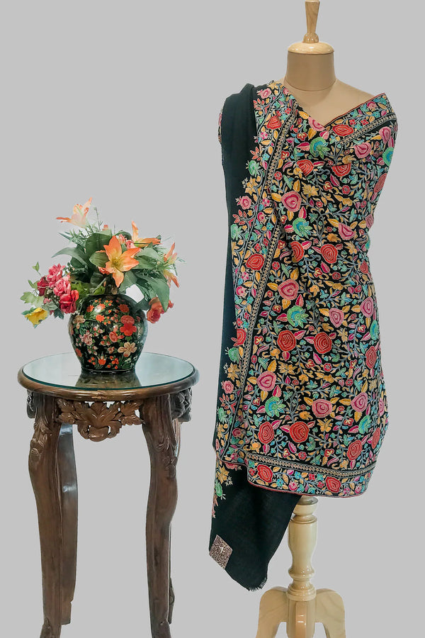 #Black | Black pure Pashmina shawl with hand-embroidered Kashmiri papier mache jaal across the full surface