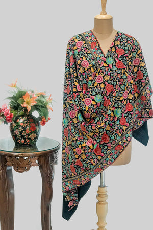 #Black | Full-length view of fawn Pashmina shawl with multi-colour papier mache jaal lattice on black ground