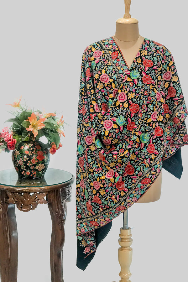 #Black | Full-length view of fawn Pashmina shawl with multi-colour papier mache jaal lattice on black ground