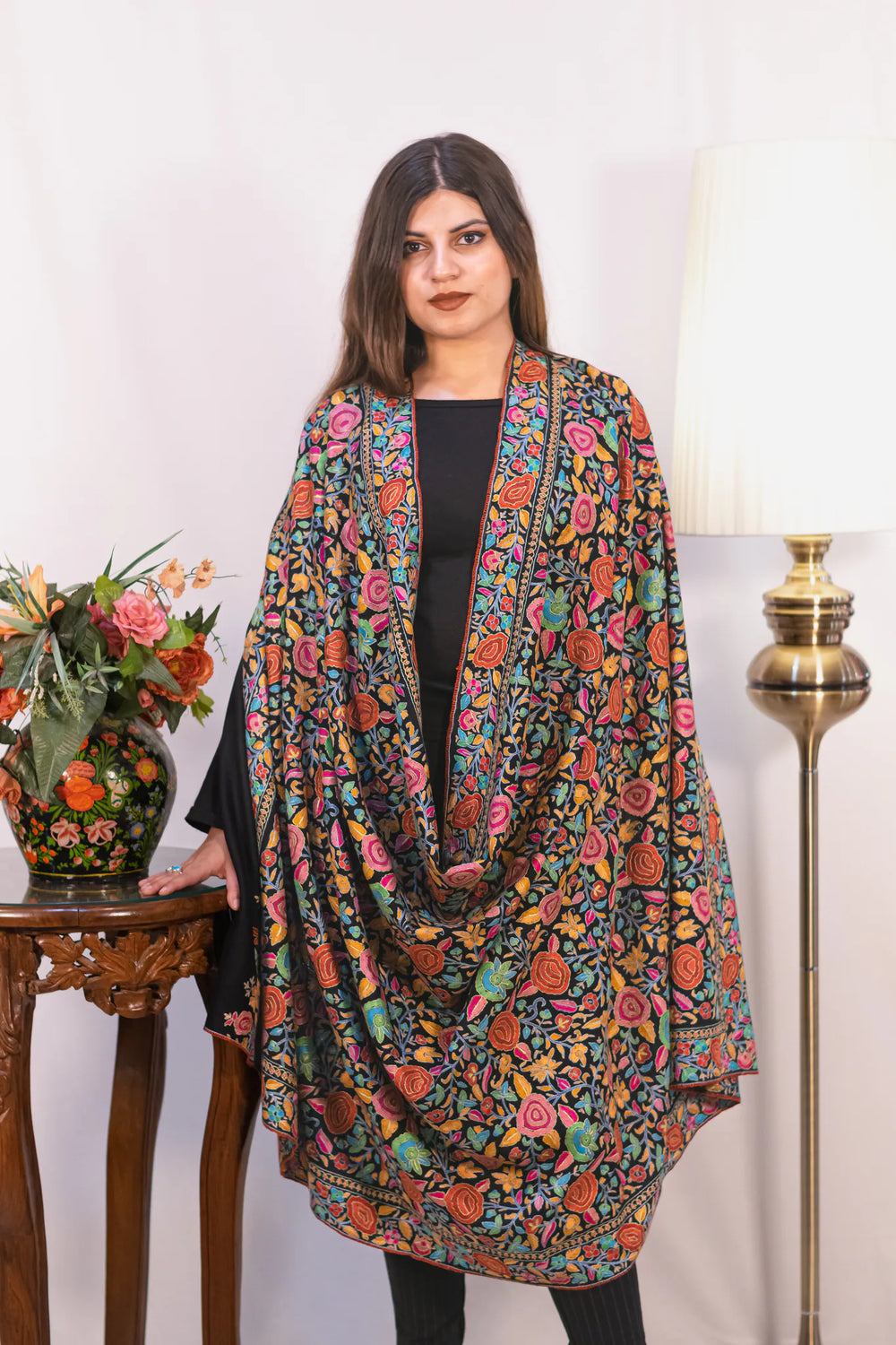 #Black | Border detail of Pashmina shawl with dense papier mache hand embroidery in multiple colours