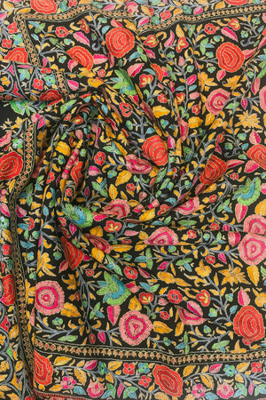 #Black | Centre field detail of multi-colour papier mache jaal on pure Pashmina — tight weave visible