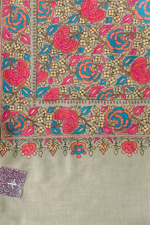 #Fawn | Papier mache embroidery on Pashmina shawl — multi-colour threads against fawn ground, close view