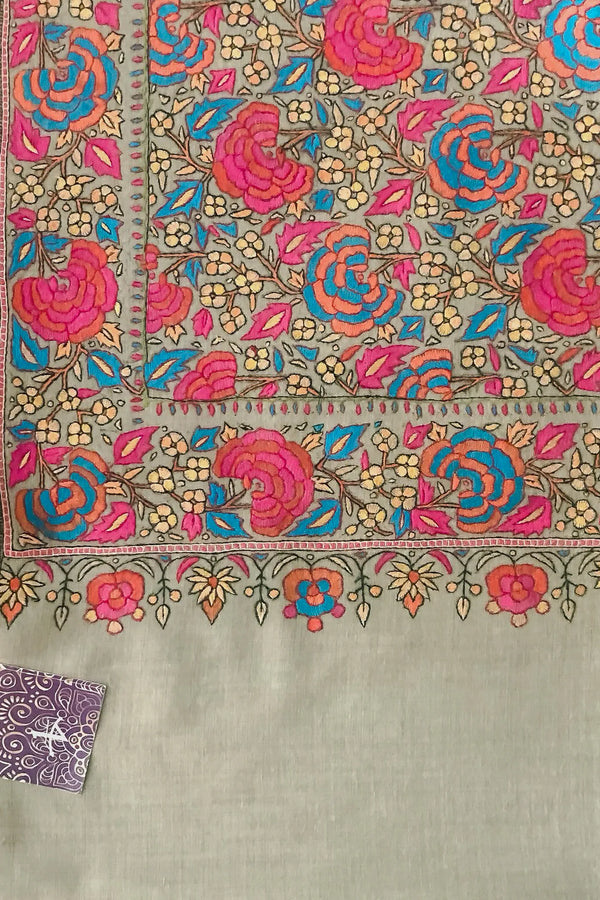 #Fawn | Papier mache embroidery on Pashmina shawl — multi-colour threads against fawn ground, close view