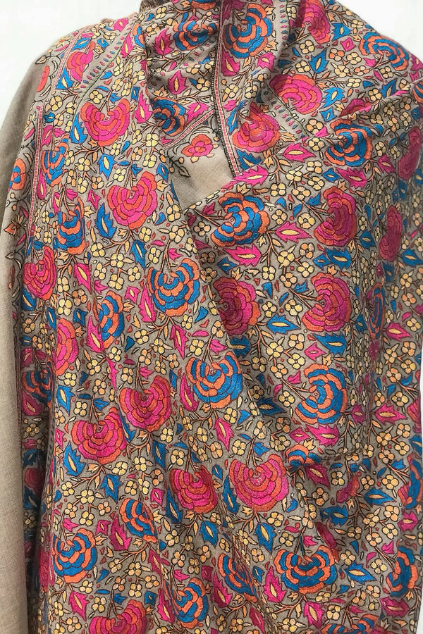 #Fawn | Fawn Pashmina shawl draped lengthwise over one shoulder, jaal embroidery visible across the body