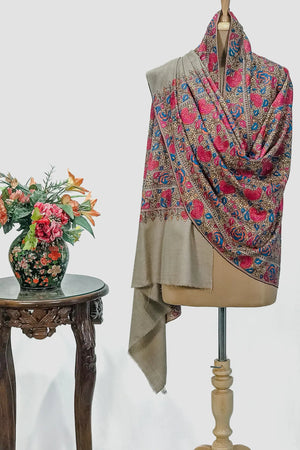#Fawn | Corner detail of hand-embroidered Pashmina shawl showing papier mache motif density and colour palette