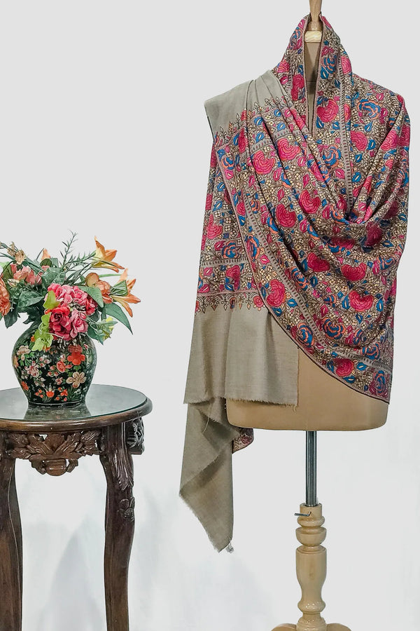 #Fawn | Corner detail of hand-embroidered Pashmina shawl showing papier mache motif density and colour palette