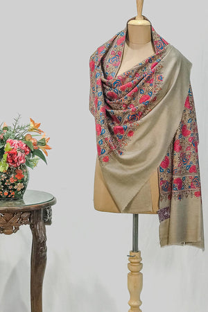 #Fawn | Overhead flat lay of fawn Pashmina shawl showing full jaal repeat across 80-inch length