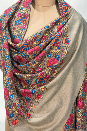 #Fawn | Drape shot of pure Pashmina shawl with all-over papier mache jaal — multi-colour embroidery on fawn ground