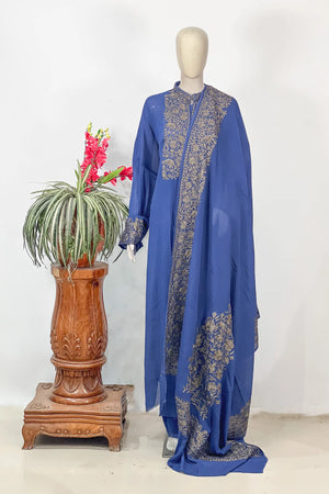 #Blue - Chinon suit set on mannequin; dull gold floral embroidery on yoke, placket, and dupatta border — full length