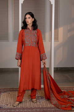 #Rust - Front view of rust Chinon kurta with dense floral embroidery on chest yoke and centre placket; straight silhouette with salwar