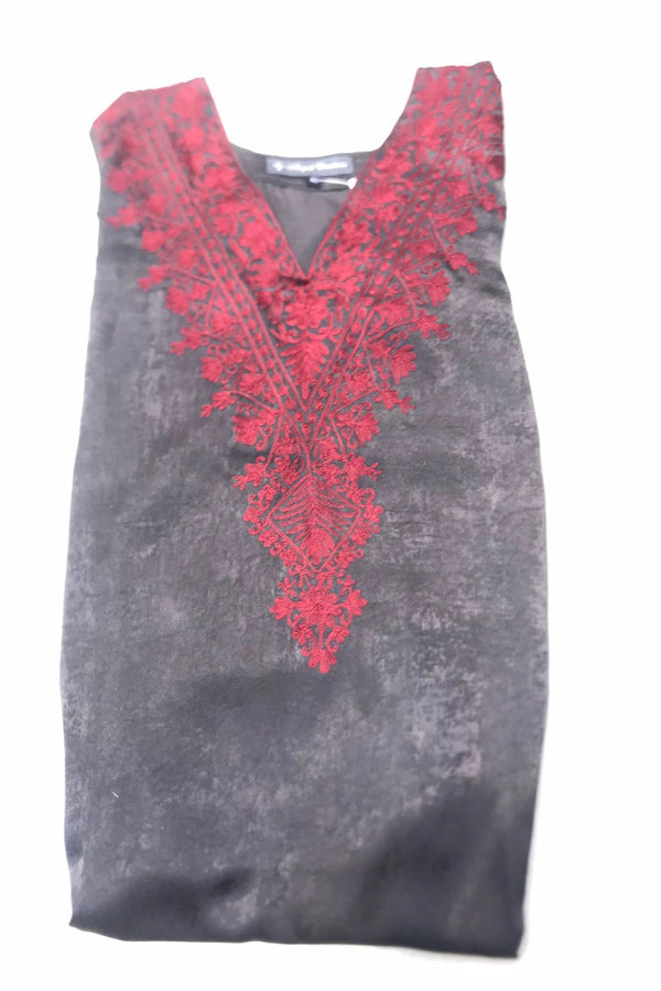 #DarkGrey Gray dress with red floral embroidery on a white background