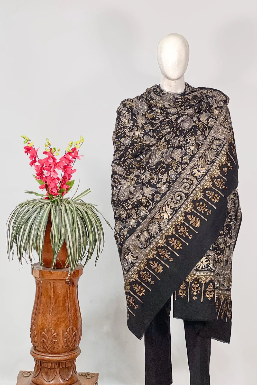Shawl draped to show the full jaal coverage and tight weave structure of the black pashmina