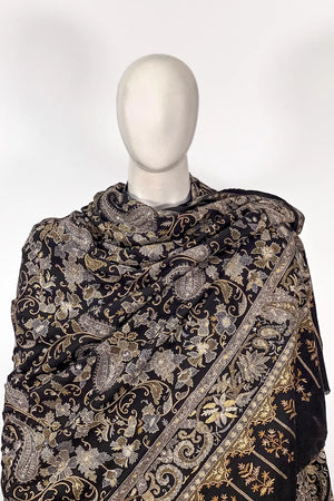 Styled drape of black tilla jaal pashmina shawl over shoulder, showing fall and surface coverage