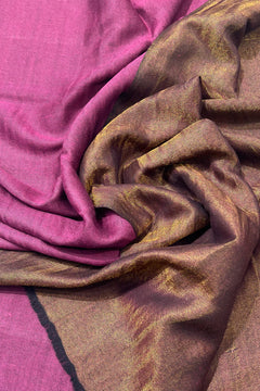 #MagentaPink - Close-up of magenta pink pure wool stole gathered with gold zari reverse, showing the lustrous metallic contrast