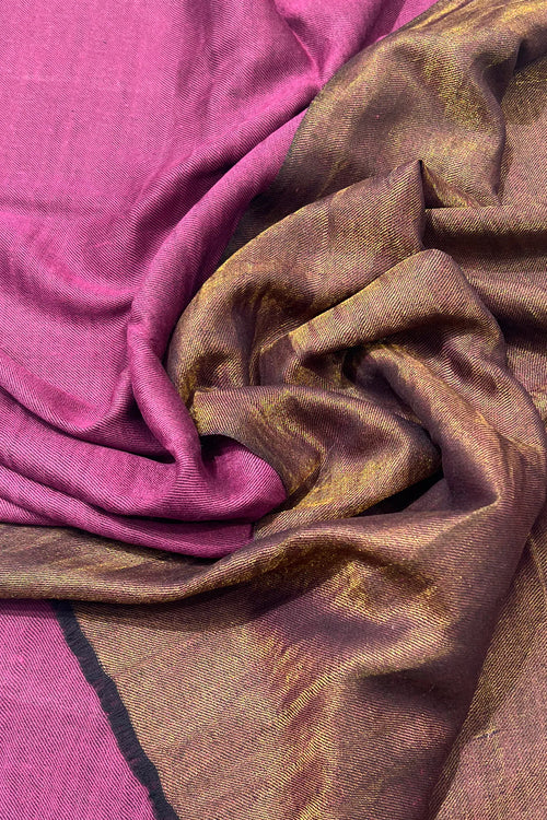 #MagentaPink - Close-up of magenta pink pure wool stole gathered with gold zari reverse, showing the lustrous metallic contrast