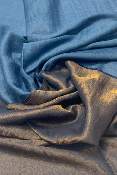 #DarkBlue - Close-up of dark blue pure wool stole with gold zari reverse, both sides visible in a gathered fold