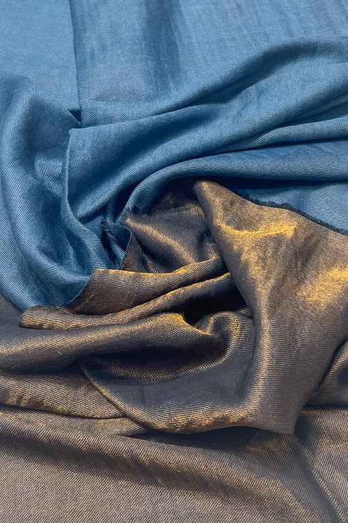 #DarkBlue - Close-up of dark blue pure wool stole with gold zari reverse, both sides visible in a gathered fold