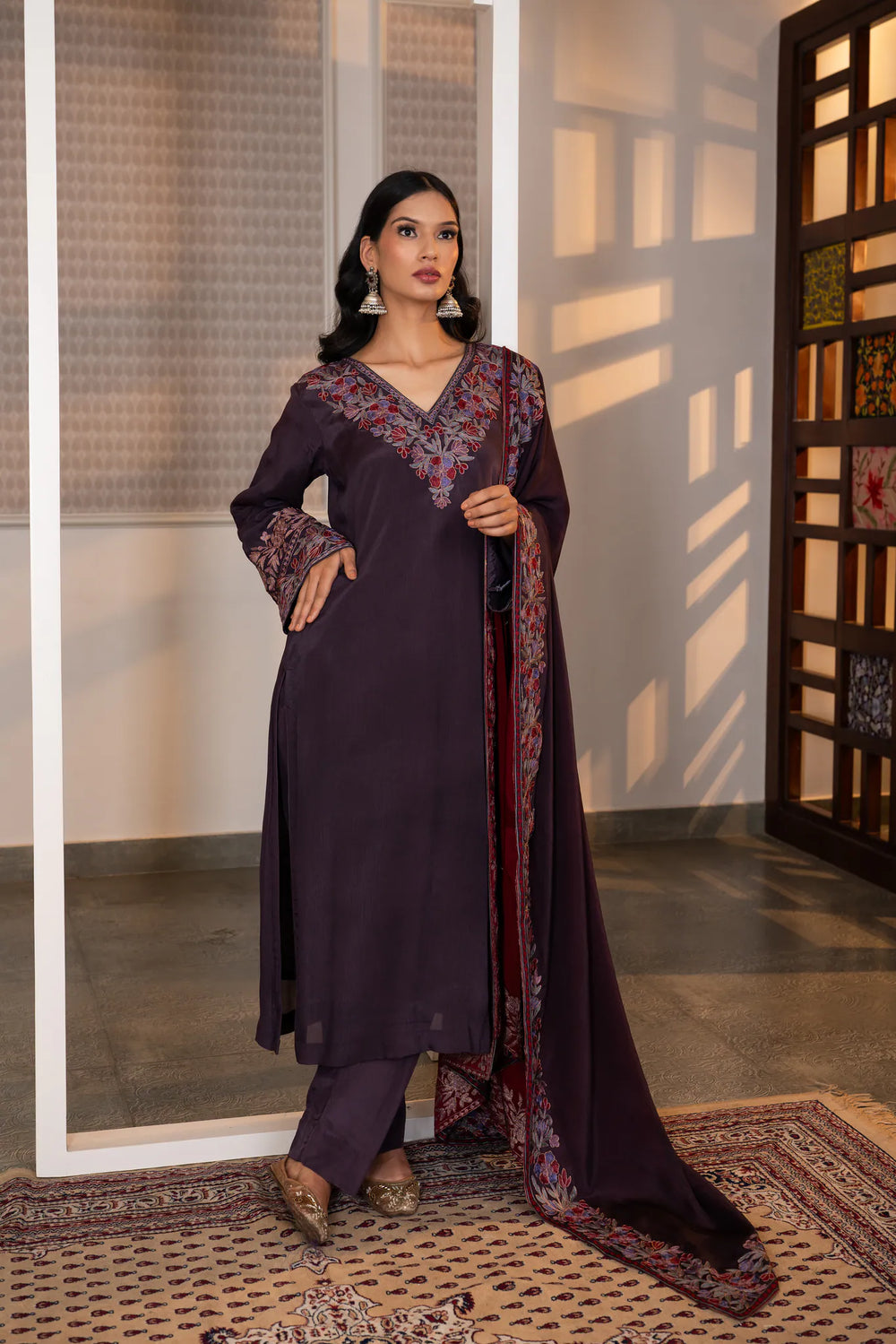 #Mauve - Full-length front pose showing plum kurta, straight pants, and crimson Chinon dupatta with floral zari border spread open.