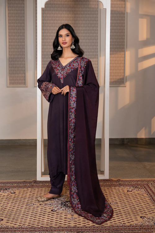 #Mauve - Full-length front pose showing plum kurta, straight pants, and crimson Chinon dupatta with floral zari border spread open.