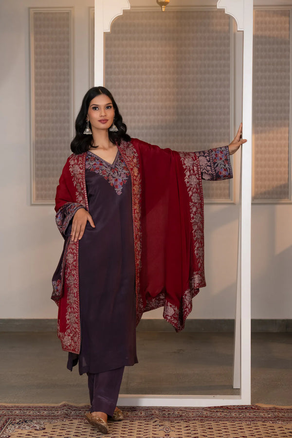 #Mauve - Full-length front pose showing plum kurta, straight pants, and crimson Chinon dupatta with floral zari border spread open.