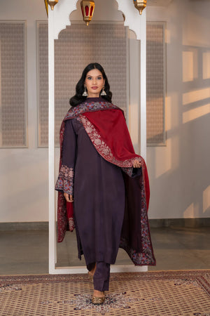 #Mauve - Full front view with crimson dupatta held wide, displaying embroidered border running full length; plum kurta and straight pants beneath.
