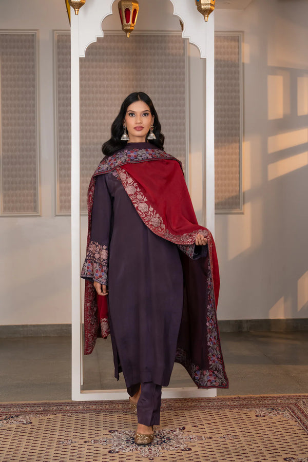 #Mauve - Full front view with crimson dupatta held wide, displaying embroidered border running full length; plum kurta and straight pants beneath.