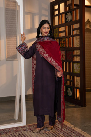 #Mauve - Three-quarter front view showing plum kurta with embroidered yoke and cuffs, crimson dupatta draped diagonally across body.
