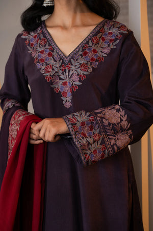#Mauve - Close-up of v-neckline yoke and cuffs showing dense multicolour floral zari embroidery with red, lavender, and metallic thread clusters.