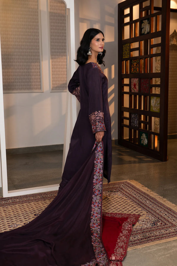 #Mauve - Side profile showing full length of plum Chinon kurta with side slit, embroidered dupatta trailing, and embroidered cuff visible.