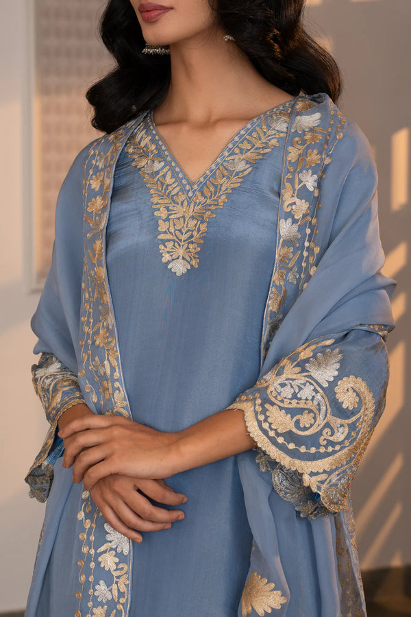 Close-up of v-neckline and front placket on sky blue tissue kurta showing gold and silver zari floral vine and buti embroidery.