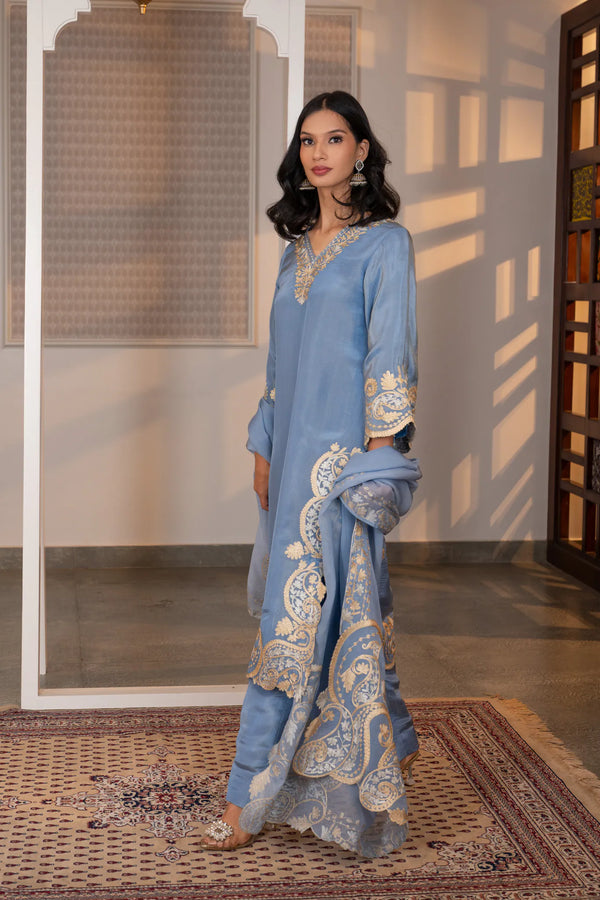 Side profile of sky blue tissue kurta showing scalloped hem border with large paisley zari embroidery and fitted straight pants.
