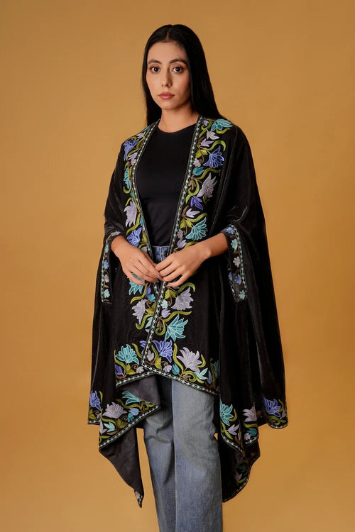 Black Velvet Cape Shawl with Floral Aari Embroidery
