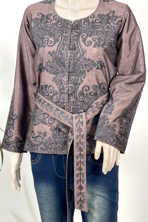 Brown Silk Aari Belted Jacket
