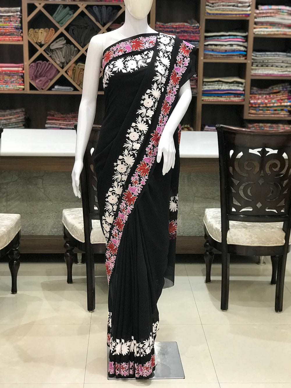 Black Blossom Aari Work Saree