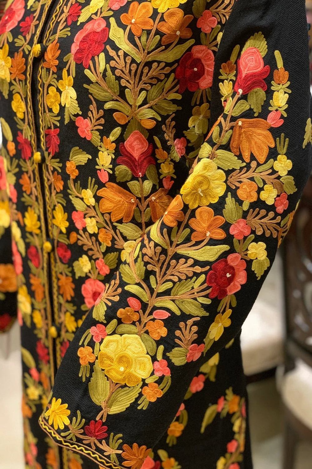 Black Kashmiri Long Boho Coat with Aari Jaal Embroidery