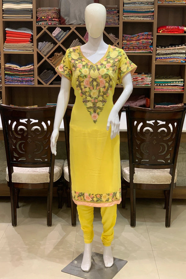Yellow Suit with Pastel Floral Aari Embroidery