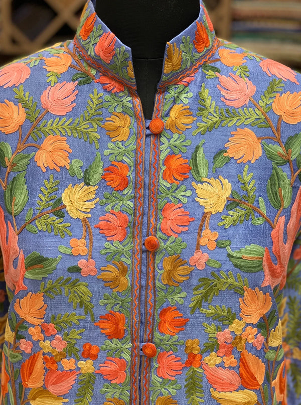 Sky Blue Floral Jaal Embroidered Coat