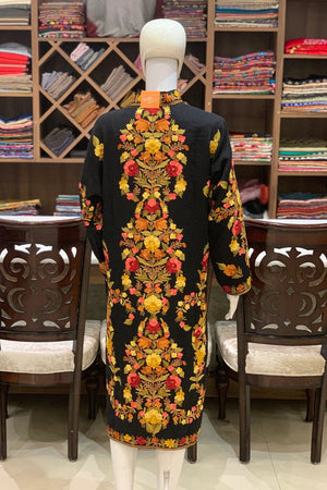 Black Kashmiri Long Boho Coat with Aari Jaal Embroidery