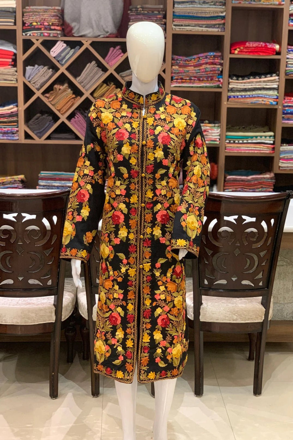 Black Kashmiri Long Boho Coat with Aari Jaal Embroidery