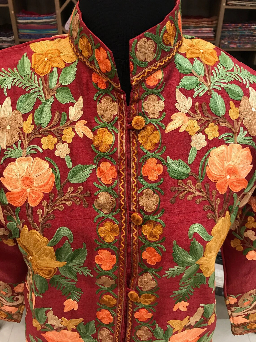 Red Kashmiri Long Bohemian Coat with Floral Jaal Aari Embroidery