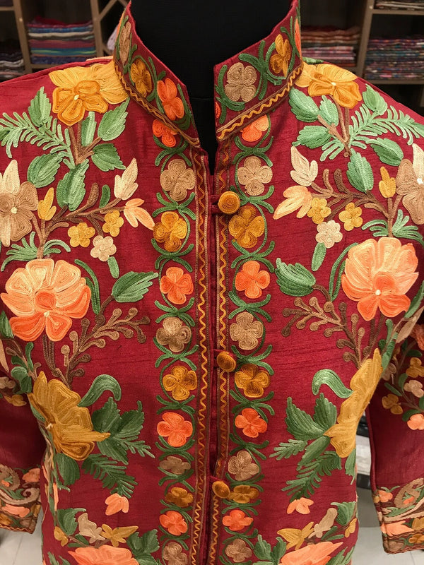 Red Kashmiri Long Bohemian Coat with Floral Jaal Aari Embroidery