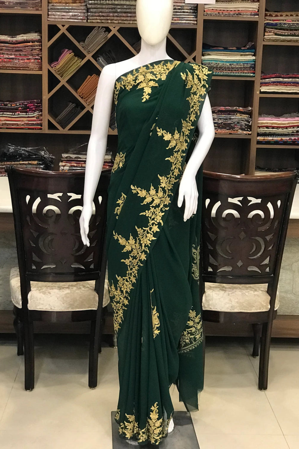 Semi-Georgette Tilla Embroidered Bottle Green Kashmiri Saree