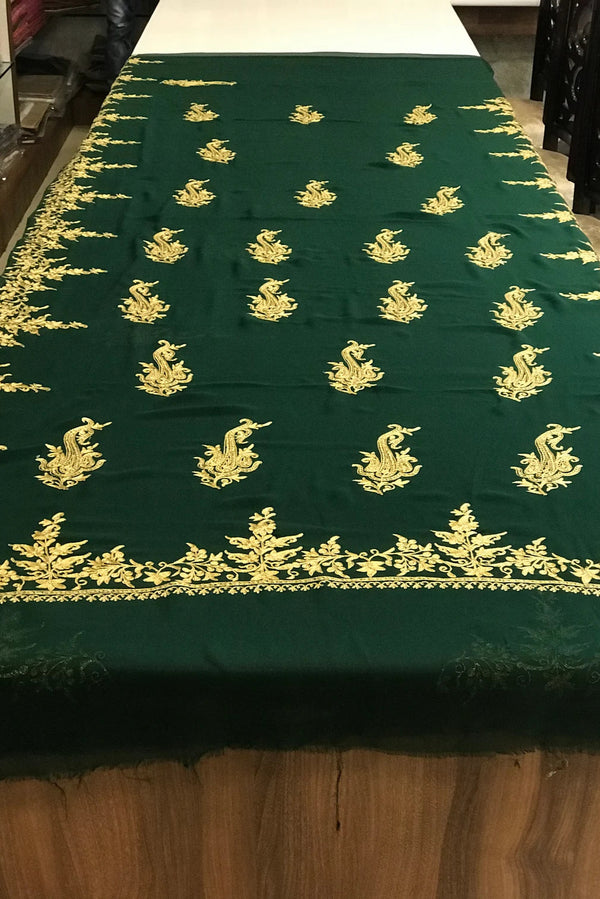 Semi-Georgette Tilla Embroidered Bottle Green Kashmiri Saree